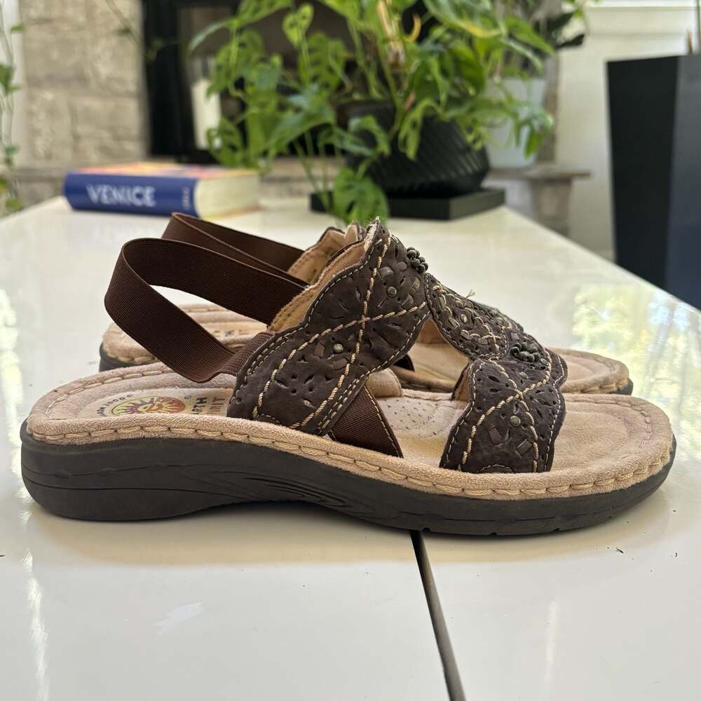 Earth Spirit Willow Brown Leather Open Toe Slingback Wedge Sandals Size 6.5